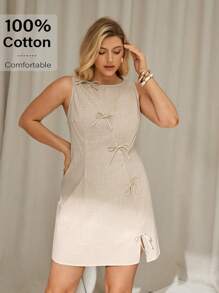 Auralis Plus-Size Women's Dress, 2025 New Release: Bohemian Office Casual Siren Mini Dress - Linen-Cotton Blend Beige Sleeveless Dress With Bowknot Detailing, A-Line Summer Work To Weekend Outfits,Vacay Outfit,Teacher Outfits For Women Valentine's Day Outfit