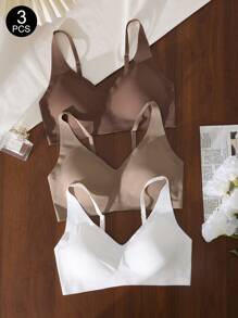 3pcs/Set Women Seamless Wireless Comfort Bra, Minimalist Solid Color