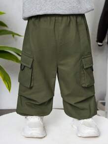 SHEIN Leap Crew 男嬰工作服風格素色錐形腿長褲帶3D口袋 - 軍綠色 - 查看 11
