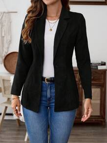 EMERY ROSE 1 pieza Chaqueta de traje de mujer de unicolor con cuello de solapa y abotonadura sencilla para otoño/invierno - Negro - Ver 6