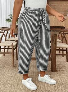 SHEIN PETITE 大码女式条纹口袋休闲哈伦裤 - 黑與白 - 查看 4