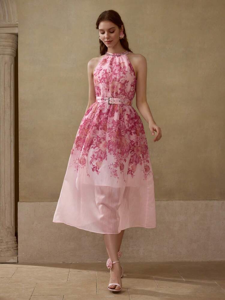 WOMEN'S ELEGANT HALTER FLORAL PRINT DRESS