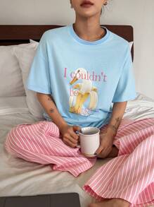 DAZY 女士两件套可爱字母图案T恤上衣和条纹睡裤睡衣 - 淺藍色 - 查看 1