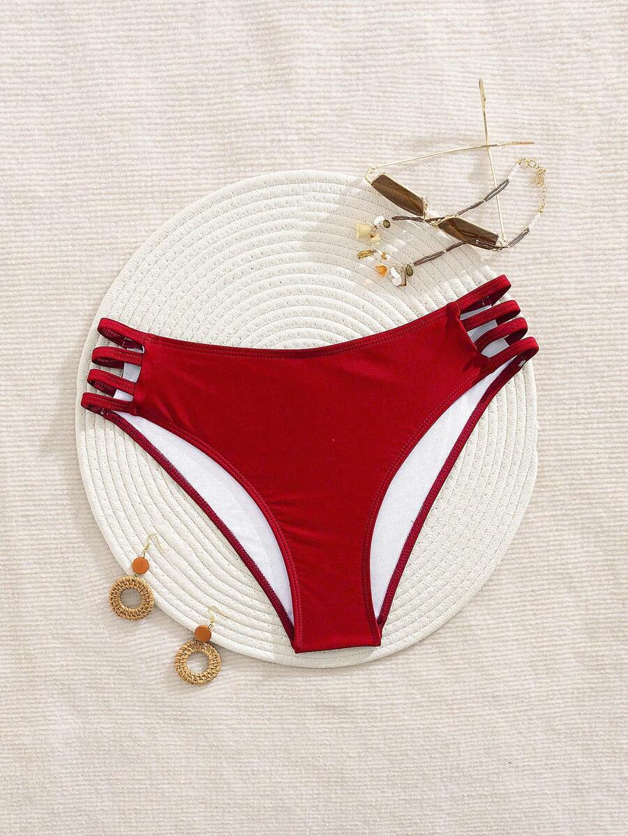 SHEIN Swim 女士夏季纯色泳装短裤，适合休闲度假、派对、海滩 - 紅色 - 查看 1