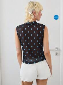 COUREZ Loose Fit Sheer Mesh Flower Polka Dot Print High Neck Top /Fall Clothes Winter Clothes Y2K Cute Tops Going Out Tops Going Out Outfits Graphic Tees