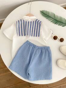 3 件套年轻男童休闲舒适百搭短袖衬衫、图案斗篷和条纹短裤套装