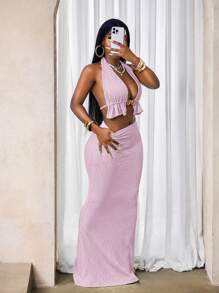 BamGleam 女士纹理金属镂空露背短款上衣和半身裙套装 - 粉色 - 查看 6