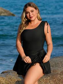 Swim Lushoire Conjunto de traje de baño de una pieza de unicolor con cuello asimétrico y falda sarong con bajo dividido para tallas grandes