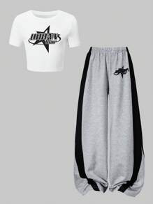 SHEIN ChillGRL 青少年女孩两件套休闲套装，星星和字母印花 T 恤和条纹阔腿裤，适合日常锻炼 - 灰色 - 查看 3