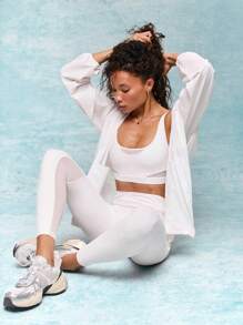 GLOWMODE FeatherFit™ Go Further Crew Neck Removable Cups Mesh Sports Bra Low Impact Yoga Pilates Barre Studio Daily Casual Wear - White - View 6