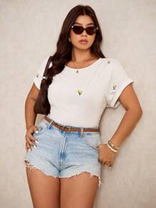 Elaquor T-shirt décontracté en grande taille avec broderie florale pour les vacances