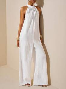 Zivah 新款春夏休闲度假日常通勤挂脖圆领无袖超宽松阔腿加长裤白色女连体裤 - 白色 - 查看 4