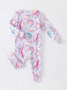 Baby Girl Casual White Starfish & Shell Sea Life Digital Print Long Sleeve Zipper Bodysuit - White - View 2