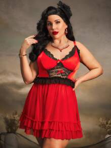 2 Stücke Große Größen Kontrast Farbe schlank geschnittenes, geschichtetes, gerüschtes Taftseide-Spitze-Patch-Plissee-Netz-Schleife Wimpernspitzen-Spitze Retro romantische Lingerie-Set - Verschiedenfarbig - Übersicht 4