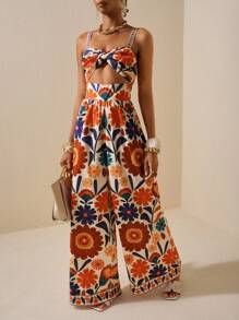 Zivah 2025 Bộ đồ liền thân mùa hè mới thanh lịch hàng ngày hẹn hò tiệc bãi biển quần ống rộng cạp chun phía trước thiết kế xoắn rỗng chân rộng siêu dài in hoa nhiều màu sắc màu mơ cho nữ - Nhiều màu - Xem 8