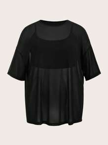 SHEIN BASICS 2件套休闲纯色针织透视宽松上衣和修身短款抹胸上衣套装