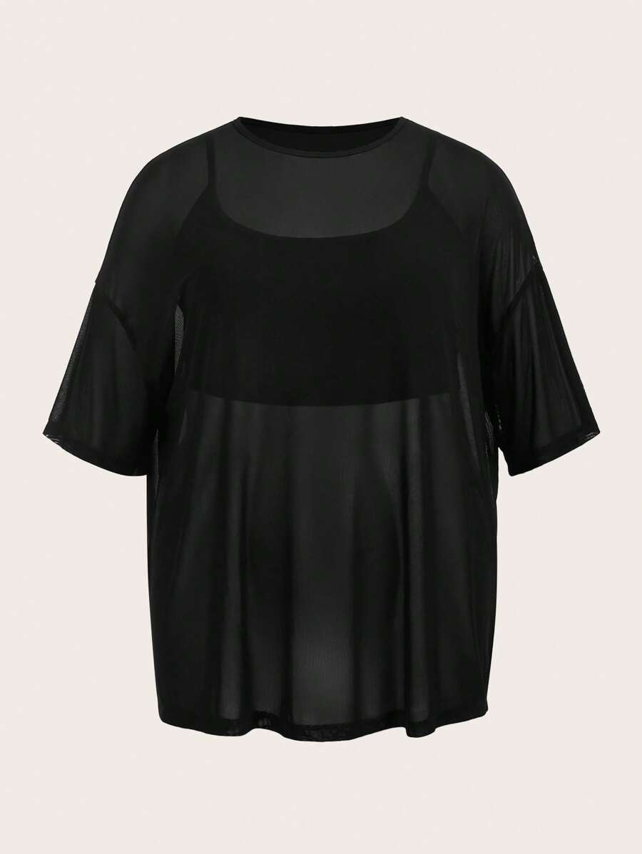 SHEIN BASICS 2件套休闲纯色针织透视宽松上衣和修身短款抹胸上衣套装