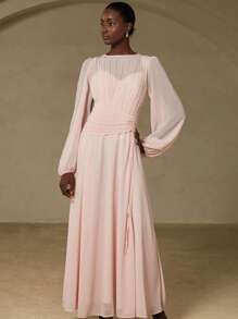 Aveloria Rosie Novo Elegante Vestido Longo de Manga Longa em Estilo Francês Refinado, Cor Sólida, Chiffon, Decote Redondo, Pregas, Cordão na Cintura, Bainha Assimétrica - Rosa chiclete - Visão 5