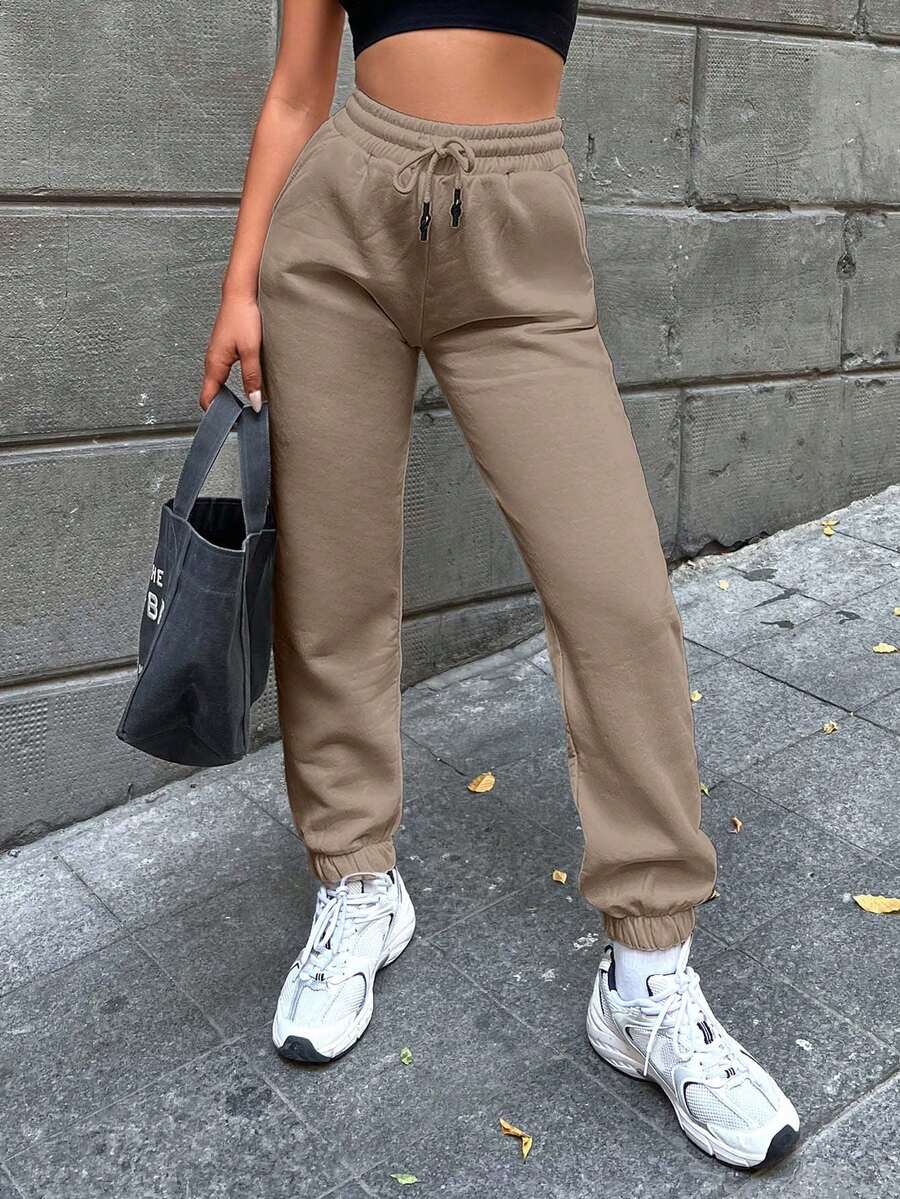 EURMUSE Ladies' Basic Solid Color Drawstring Waist Sweatpants - Beige - View 1