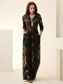 Anewsta 秋冬优雅天鹅绒烂花面料半透明衬衫和松紧腰直筒裤两件套女装 - 黑色 - 查看 4