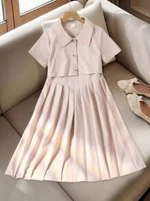 SHEIN 优雅时尚可爱女孩短袖连衣裙，时尚二合一外套披肩 V 领纽扣长裙，舒适透气，适合返校季，所有季节 - 卡其色 - 查看 7