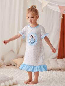 Baby Girl Blue Polka Dot Ruffle Print Princess Pattern Summer Short Sleeve Maxi Nightgown Loungewear - White - View 3