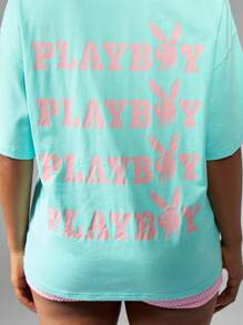 Missguided x Playboy Weekend Casual Graphic Print Oversized T-Shirt Summer Lounge Wear Streetwear Comfort Top - Blue - View 6