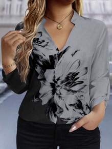 EMERY ROSE Camisa De Talla Grande Con Patrón De Flores De Color Contrastante Y Manga Enrollable Con Cuello De Solapa