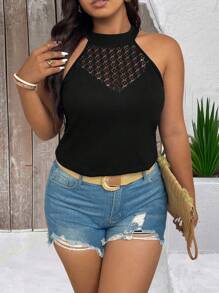 SHEIN Clasi Plus Size Women Casual Lace Patchwork Camisole Black Mesh - Black - View 4