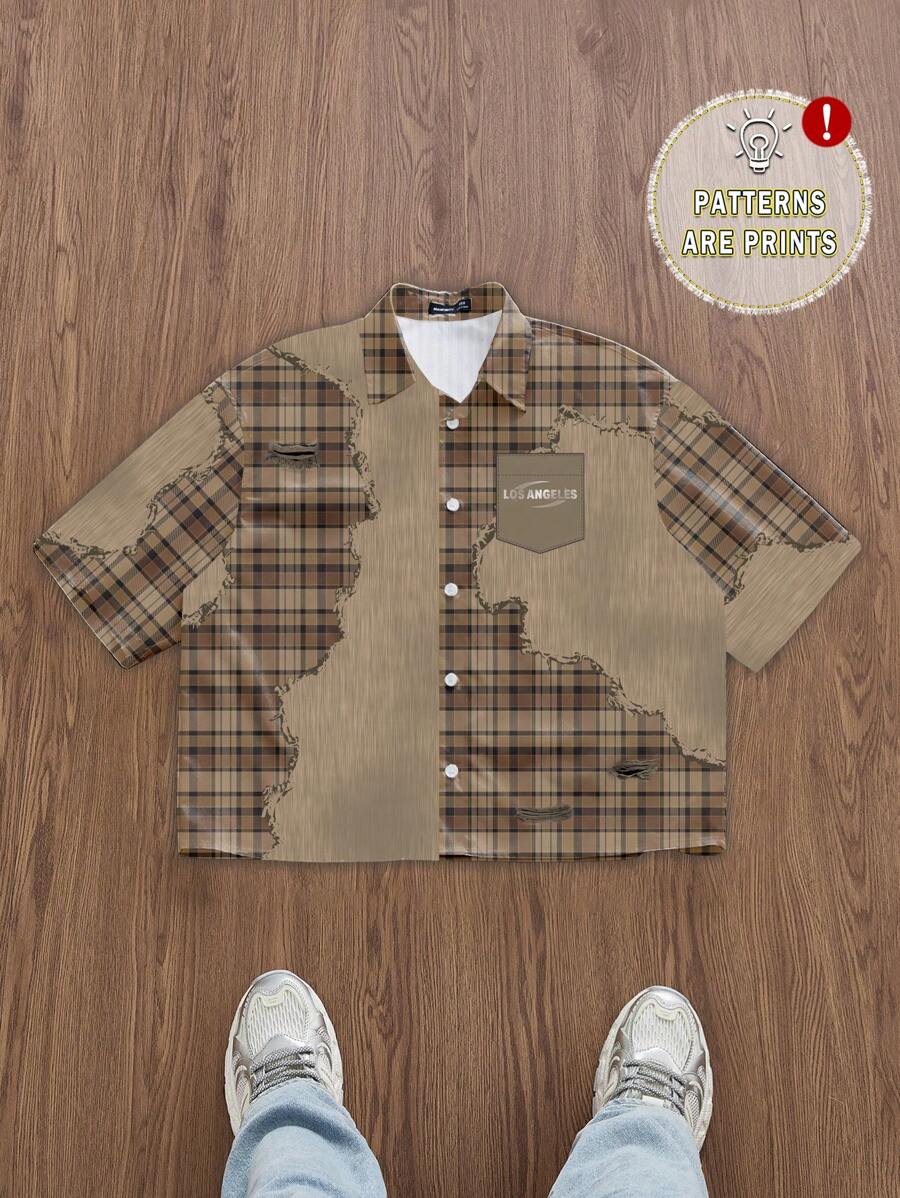 Manfinity Hypemode 街头休闲格子拼布印花短款衬衫