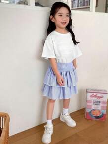 Genkimix Kids Falda casual de verano con estampado de rayas, cintura con cordón y volantes escalonados para niña