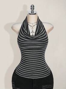 SHEIN ICON 大码垂坠领口条纹针织露背上衣，复古 Y2K 条纹垂坠领口上衣，适合返校季、毕业季、暑假、约会、日常穿着