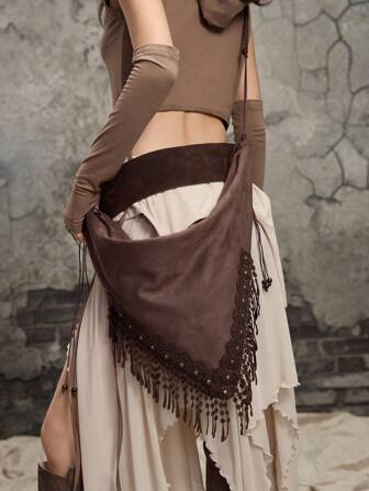 Fairycore Women's Vacation Bohemian Style Embroidered Fringe Tote Shoulder Bag