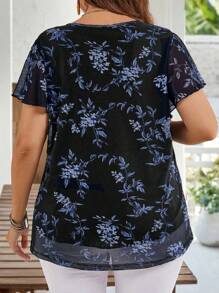 EMERY ROSE Plus Size Women Summer Short Sleeve Floral Print Shirt Tunic Blouse, Indigo Blue For Holiday,Summer Holiday,Vacation Outfits Women,Simple And Fashionable For Everyday Wear