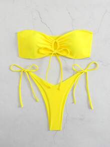 SHEIN Swim Basics 2pcs/Set Plain Color Knotted Bandeau Wireless Bikini Swimsuit Set For Summer Beach Vacation - Yellow - View 6