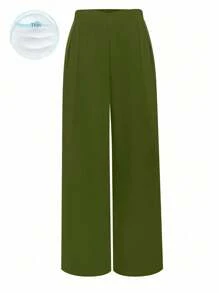 SHEIN Tall 大码女式松紧腰百搭休闲直筒阔腿裤 - 軍綠色 - 查看 1