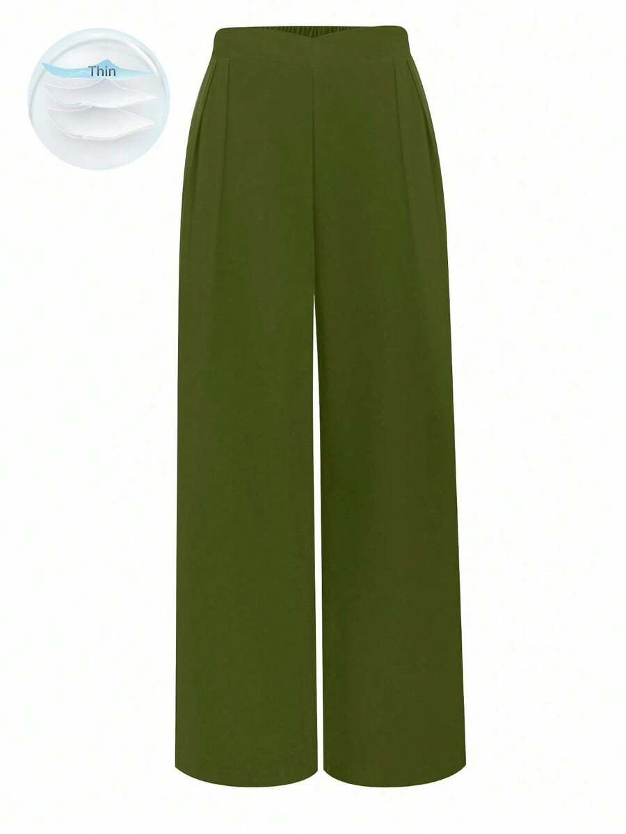 SHEIN Tall 大码女式松紧腰百搭休闲直筒阔腿裤 - 軍綠色 - 查看 1