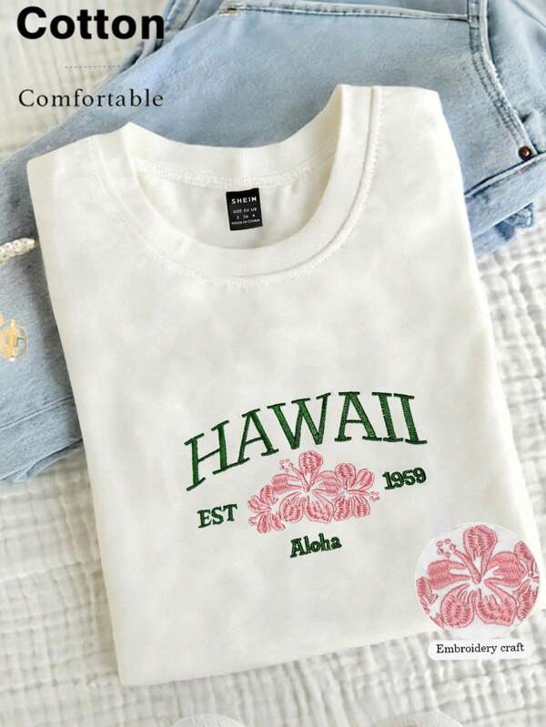 INAWLY 1 buc tricou colorat confortabil cu tematică Hawaii pentru femei, cămașă cu imprimeu tropical, tricou curcubeu, tricou brodat Honolulu, cămașă brodată, cămașă Beachy Bum, cămașă vintage de plajă, tricou brodat cu guler rotund