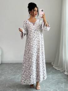 Al Najma Women Floral Print Hollow Out Elegant Long Sleeve Arabic Dress