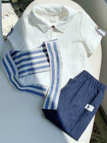 SHEIN Set abbigliamento estivo casual da 2 pezzi per bambino maschio, composto da camicia a righe con collo scialle e pantaloni con vita elastica