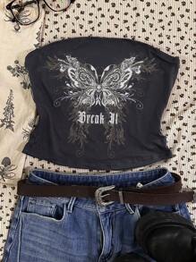 Attitoon Áo crop top Bandeau thường ngày mùa hè cho nữ họa tiết "Cánh tiên bướm" & "Break It" của Fairycore Goth cổ điển - Màu xám đen - Xem 1