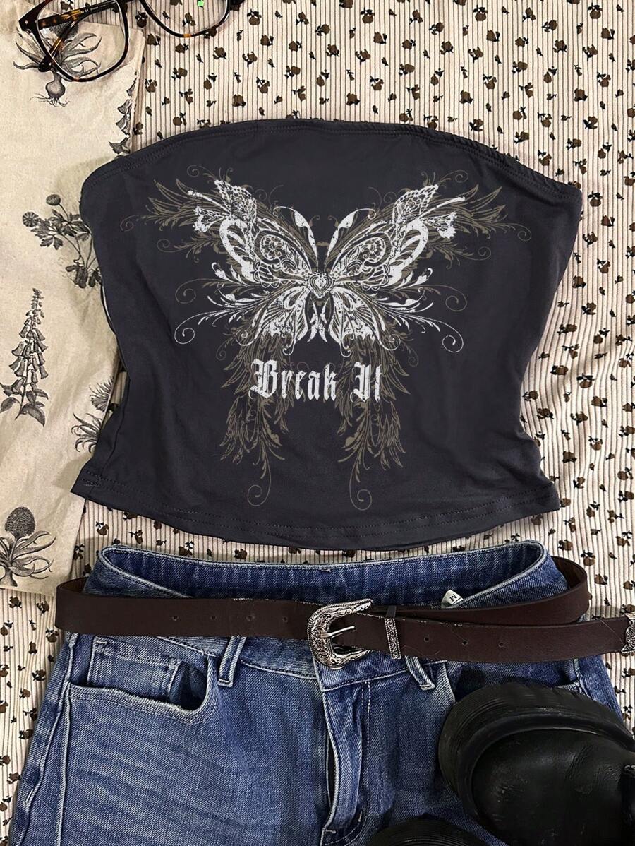 Attitoon Áo crop top Bandeau thường ngày mùa hè cho nữ họa tiết "Cánh tiên bướm" & "Break It" của Fairycore Goth cổ điển - Màu xám đen - Xem 1