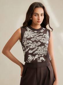 Anewsta Women Floral Pattern Round Neck Casual Knit Sweater Vest - Coffee Brown - View 1