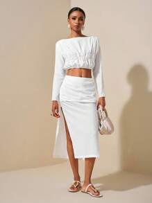 Zivah 20  Spring/Summer New Arrivals: Music Festival, Easter, St. Patrick's Day, Western, Nomadic, Birthday Party, Graduation, School, Daily Casual, All-Match, Leisure, Vacation, Cruise, Beach, Sunbathing, Viral, Streetwear, Wedding Guest, Commute, Brunch, Airport, Gathered Neck Shirred Top Crop Top - White - View 1