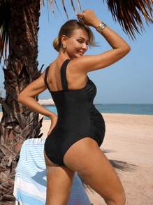 SHEIN 1pc Solid Color Ruched Maternity One-Piece Swimsuit For Summer Beach Vacation