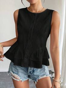 SHEIN Raffinéa Sleeveless Cotton Solid Color Crew Neck Shirt With Ruffle Hem - Black - View 6