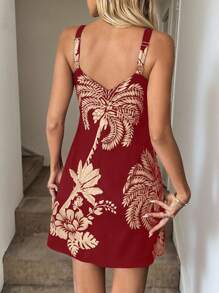Easowa 植物印花女式休闲假日吊带短裙 - 酒紅色 - 查看 2