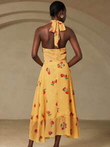 GENKIRA Elegantes und raffiniertes vintage französisches charmantes personalisiertes Urlaubs-Design hochwertiges Chiffon-Romantik-Kleid mit Polka-Punkt- und Blumenprint, Kreuz-Ausschnitt, geraffter Taille, schlanker Passform, Volant-Saum, ärmelloس für Frauen - Gelb - Übersicht 2