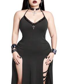 Whyspr Plus Size Punk Style High Slit Sleeveless Half Sleeve Jumpsuit Dress - Dark Grey - View 3