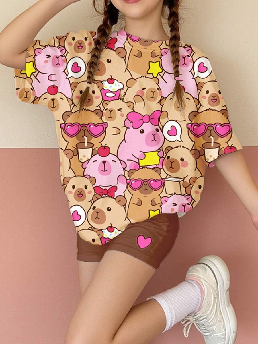 SHEIN 2PCS Set Cute Capybara Print T-Shirt & Loose Fit Bike Shorts Teen Girls Casual Summer Outfit, Chill Summer - Multicolor - View 1